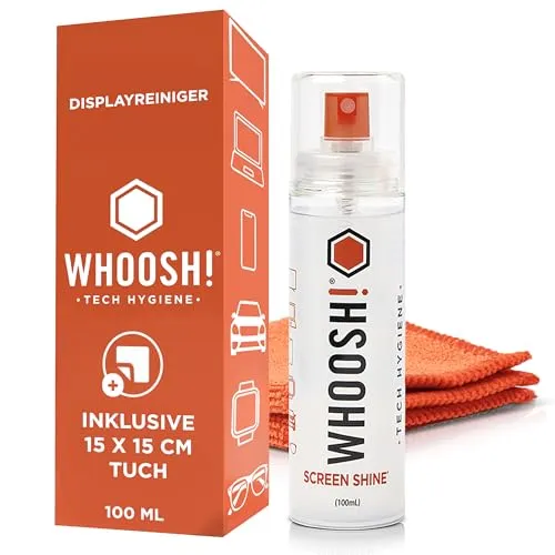 WHOOSH! Bildschirmreiniger Go XL Für Handy, MacBook, Brille - 100ml Laptop Reinigungsset mit Mikrofasertuch, Leistungsstark Streifenfrei Auto Display Reiniger - Schlanke Flasche für Zuhause und Reise