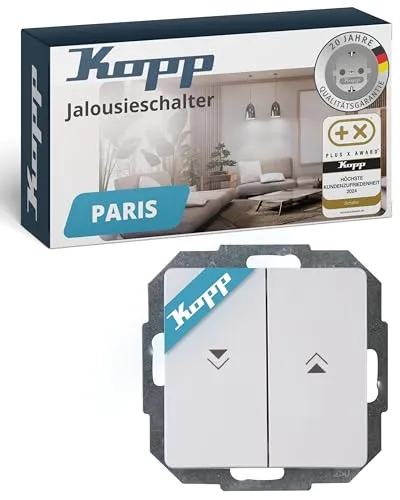 Kopp PARIS Jalousieschalter in Arktis-Weiß - Hochwertiger Rolladenschalter-Unterputz mit Wippe - IP20 Rollo-Schalter mit 10AX Schaltvermögen - Stilvoller Schalter zur Rolladensteuerung 250V~