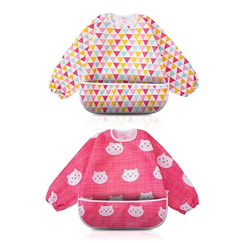Little Dimsum Lätzchen Baby Lätzchen mit Ärmeln, Lätzchen Wasserdicht Abwaschbar Ärmellätzchen, Baby Bibs Set für Kleinkinder mit Großer Tasche (6-36 Monate) - 2er-Pack