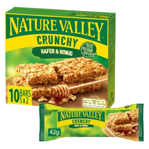NATURE VALLEY Müsliriegel Crunchy | Hafer & Honig | 5 Stk. á 2 Riegel | Einzeln verpackt | ganzer Karton | 42g je Packung | 100% Vollkorn-Hafer | Praktischer Snack für Schule, Büro & Freizeit
