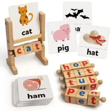 Coogam Farbblöcke Rechtschreibspiele, Karteikarten Holz Matching Letter Puzzle für Kinder, 2 in 1 Sehwörter Montessori Spinning Alphabet Manipulatives Lernspielzeug für Kleinkinder Jungen Mädchen