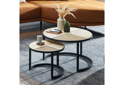 FineBuy Design Wohnzimmertisch 2er Set Mango/Rattan - Konsolentische fürs Wohnzimmer mit aufregendem Materialmix aus Rattan und Mangoholz, ideal für jeden Raum und als stilvolle Dekoration.