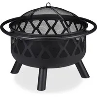 Relaxdays Feuerschale mit Funkenschutz, Outdoor Feuerstelle für Garten & Terrasse - Große Feuerschüssel aus Stahl Ø 63.5 cm, ideal für gemütliche Abende im Freien mit Familie und Freunden - inkl. Schürhaken und Funkenschutz für mehr Sicherheit.