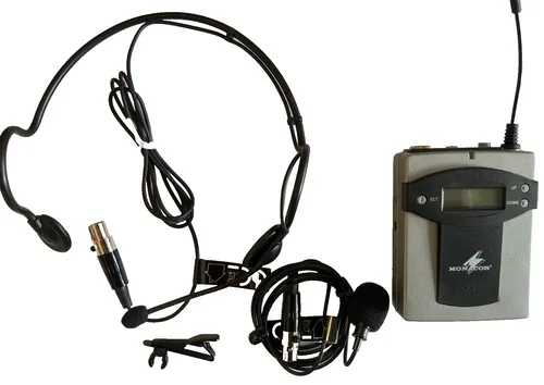 Monacor TXA-800HSE Taschensender - Mikrofon mit Lavalier- und Headset-Mikrofon, 16 Frequenzen, LCD-Anzeige, ideal für professionelle Anwendungen.