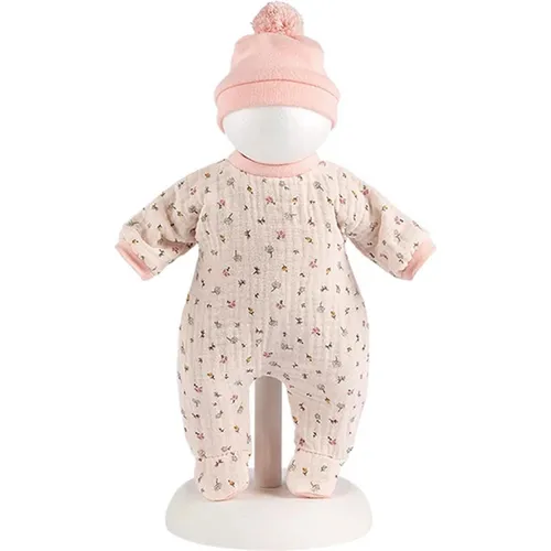 Llorens 1063210 Puppenkleidung für 30 bis 32cm Puppen, beiges Pyjama Set mit Blümchen, Puppenschlafanzug mit rosa Schlafmütze, Puppenzubehör