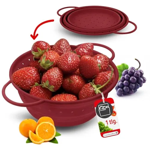 Coolinato – Sieb aus Silikon faltbar 20 cm Rot – Nudelsieb für Pasta, Gemüse & Obst - Küchensieb spülmaschinenfest, BPA-frei, & hitzebeständig bis 230°C - Platzsparendes Abtropfsieb zusammenklappbar
