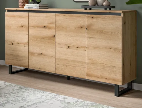 Inn.Furn Sideboard Gelia 160 cm – Eiche Schwarz - Elegantes Sideboard Gelia in Eiche Dekor und Schwarz, 160 x 84 cm. Mit Soft-Close-Türen und viel Stauraum für Ihr Wohn- oder Esszimmer. Minimalistisches Design, ideal für moderne Räume.