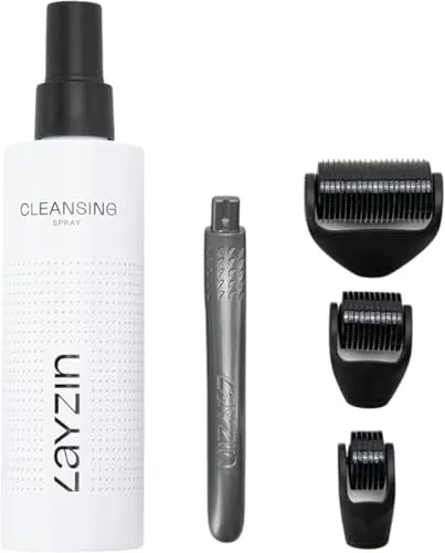 Produktbild LAYZIN Derma Roller Set mit 3 Rollerköpfen (0,35 mm; 0,55 mm; 1,2 mm) und Reinigungsspray – Microneedling für Gesicht, Augen, Hals, Dekolleté und Körper – Inklusive 200 ml Reinigungsspray – Unisex