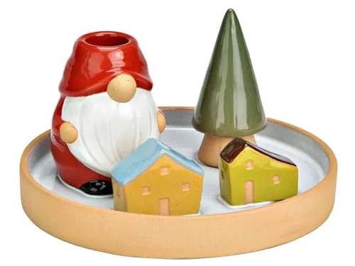 Kerzenhalter aus Steingut Bunt Weihnachtsdeko stilvoller Kerzenständer Winterdeko Tischdeko Wohnzimmer Fensterbank Adventszeit Wohnaccessoire Festliche Dekoration (Nikolaus und Tannenbaum)