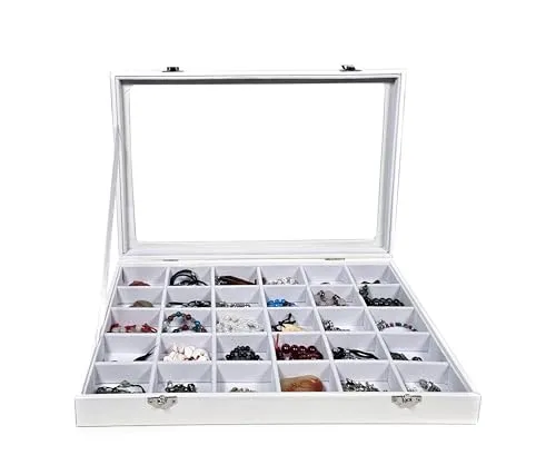 Schmuckkasten Schmucklade Schaukasten Schmuckdisplay mit Glasdeckel weiss (30 Fächern)