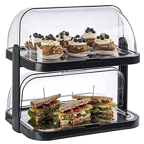 APS 9204 Buffetvitrine „Doppeldecker“ – Platzsparend mit transparenten Rolltophauben - Küche, Kochen & Backen – Ideal zur Aufbewahrung von Lebensmitteln wie Kuchen und Sandwiches, mit Kühlakkus für langanhaltende Frische.