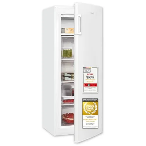 Exquisit Gefrierschrank GS5230-H-040D, 168 L Volumen - Tiefkühler mit 168 Litern und 4 transparenten Schubladen, leise mit nur 40 dB, ideal für 3-4 Personen Haushalte. Energieeffizient mit nur 152 kWh/Jahr und flexible Platzierung dank höhenverstellbarer Füße.