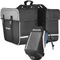 TecTake Fahrradtaschen Set Georg - Wasserabweisend, Schwarz/Rot - Optimales Set für Radtouren: Die große Gepäckträgertasche und die kompakte Rahmentasche bieten viel Stauraum und sind aus robustem, wasserabweisendem Material gefertigt. Mit praktischen Features wie Reflektoren und einem Handyfach.