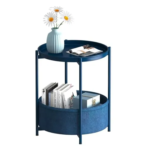 Garden 4 you Beistelltisch Rund, Sofatisch 2 Ebenen, Metall Balkontisch, Kleiner Tisch, Couchtisch mit Korb aus Stoff, Wohnzimmertisch, Beistelltische, Nachttisch fürs Schlafzimmer Wohnzimmer (Blau)