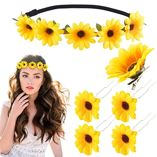 BETESSIN 1Pc Blumen Haarband Damen Mädchen Sonnenblumen Stirnband mit 4 Gänseblümchen Haarspangen Haarnadeln Blumen Haarschmuck Hochzeit Reise Strand Fotografie Karneval Copslay Party