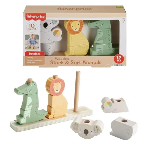 Fisher-Price Baby und Kleinkinder Stapel- und Sortiert-Tierwelt aus Holz, 10 Holzteile für die spielerische Entwicklung ab 1 Jahr, HXV04