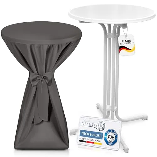 Beautissu Weißer Outdoor Stehtisch klappbar mit Husse 70 cm Grau – Wetterfester Partytisch Sylt + Premium Stehtischhusse – Platzsparender Bistrotisch Gastro-Qualität TÜV Made in Germany
