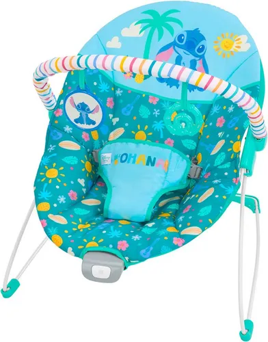 Bright Starts Babywippe Stitch 'Ohana Paradise - Wippe für Babys 0-6 Monate mit beruhigenden Vibrationen, einem sicheren 3-Punkt-Gurt und abnehmbarer Spielzeugleiste für Spielspaß und Entspannung.