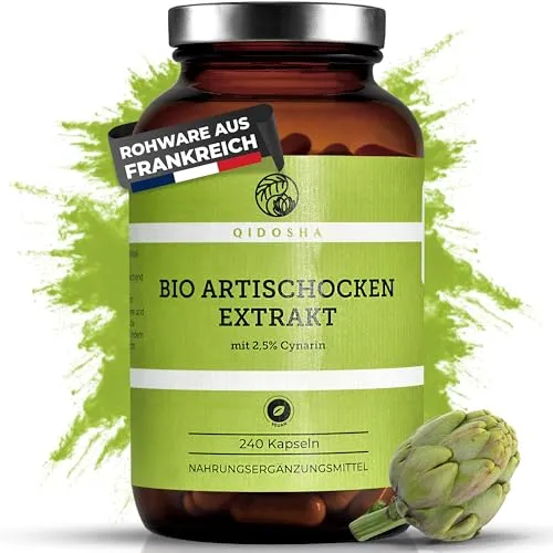 QIDOSHA® Bio Artischocken-Extrakt 240 Kapseln - Pflanzliches Ergänzungsmittel Artischocke, hochdosiert mit 1800mg pro Tagesportion und 2,5% Cynarin, in lichtgeschütztem Apothekerglas, hergestellt in Deutschland und laborgeprüft.