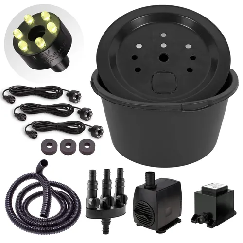 Springbrunnen Pumpe Set 90L Springbrunnenbecken Deckel LED warmweiß Wasserspiel
