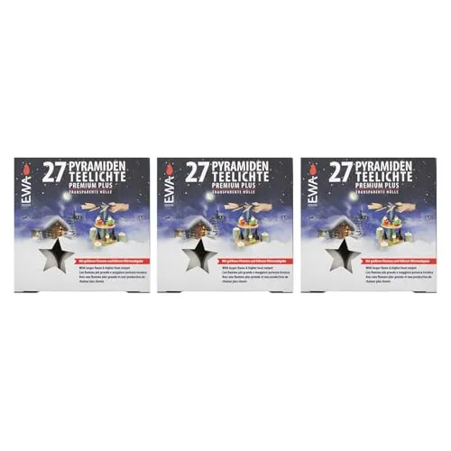 Ebersbacher Kerzenfabrik GmbH 3er Pack Pyramidenteelichte - Teelichter in Weiß, 3 x 27 Stück, ideal für stimmungsvolle Beleuchtung und perfekt geschützt in transparenter Hülle.