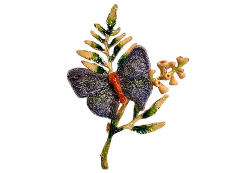 Dark-Desires Brosche Vintage Schmetterlings-Brosche mit Blumenzweig und Emaille, Damen Brosche vintage Accesssoire retro Anstecknadel