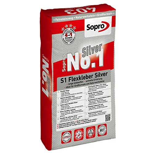 Sopro's No.1 403 Flexkleber Silver 25kg - Flexibler Kleber für Innen und Außen, ideal für Wand- und Bodenbeläge, sorgt für dauerhafte Haftung und hohe Flexibilität.