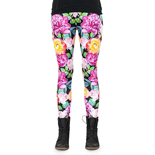 cosey - Bunte Bedruckte Blumen-Leggings (Einheitsgröße) - Design Orange-Pinke Rosen