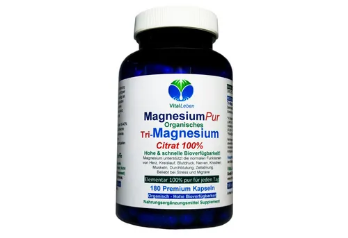 VitalLeben Magnesium Citrat organisches PREMIUM TRI-MAGNESIUMCITRAT. Elementar Kapseln, 1 er Dose à 180 St., 117 g, Art. 27140-180