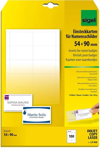 sigel PC Einsteckschilder für Namensschilder 54 x 90 mm 185 g/qm weiß 100 Stück