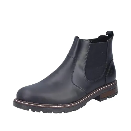 RIEKER Herren Chelseaboots, Gr. 45, schwarz - Wanderschuhe, klassische Stiefelette aus Glattleder mit elastischem Einsatz und kontrastfarbener Rahmennaht für optimalen Komfort und stilvollen Look.
