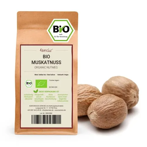 Kamelur 500g BIO Muskatnuss ganz - handverlesene Muskatnüsse in bester BIO-Qualität - für die Muskatnuss Mühle – BIO Muskat Nüsse in biologisch abbaubarer Verpackung