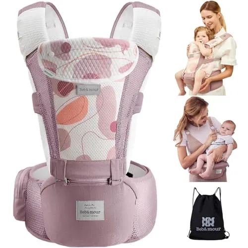 Bebamour Babytrage, ergonomisch, mit Hüftsitz, reine Baumwolle, leicht und atmungsaktiv, mehrere Positionen, für 0 – 36 Monate (Air Pink mit Design)