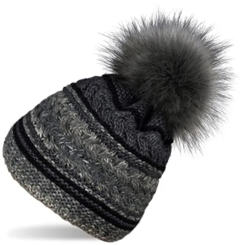 styleBREAKER Damen Strick Bommelmütze mit Buntem Mustermix und Fleece Futter, Winter Fellbommel Mütze, Strickmütze 04024202, Farbe:Schwarz-Dunkelgrau