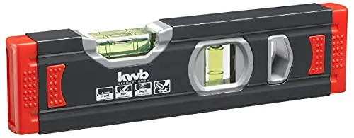 kwb 1 mm Mini Aluminium-Wasserwaage 20 cm - Präzise geschliffen, gesicherte Libelle - Stoßschutz aus Gummi - Schwarz/Rot