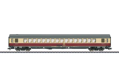 Märklin 43861 H0 Schnellzugwagen Purpurrot/Beige 1. Klasse - Hochwertiger Personenwagen der DB im stilvollen Purpurrot/Beige, ideal für Modellbahnen ab 1980. Ausgestattet mit Klapptrittstufen und umfangreicher Beleuchtungsvorbereitung.