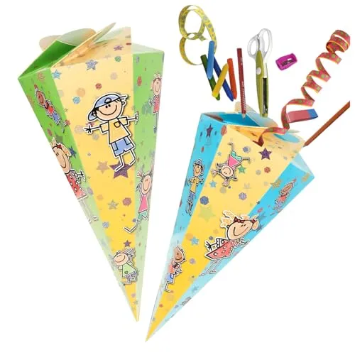 com-four® 2X Schultüte 30cm - Geschwisterschultüten aus Pappe - Faltbare Zuckertüte für die Einschulung zum Schulanfang - Geschenkverpackung für Schulanfänger