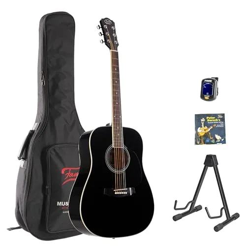 J & D Westerngitarre-Set, D-80 BK 1, Dreadnought, Fichte Decke, Agathis Boden und Zargen, Mahagoni Hals, Composite Griffbrett, Dot Inlays, 20 Bünde, Schwarz, inklusive Saiten und Zubehör