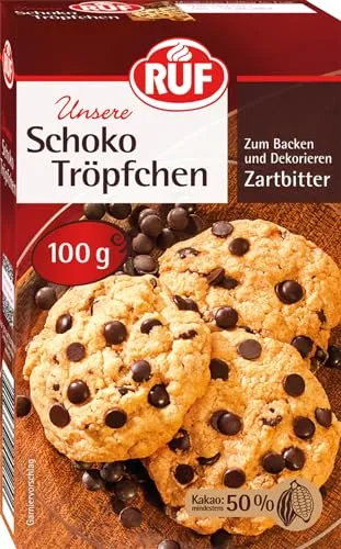 RUF Schoko-Tröpfchen Zartbitter - Backfeste Schokoladen-Tropfen für Kuchen & Co. - Streudekor & Streusel: Die knackigen, glutenfreien und veganen Schoko-Tropfen mit mindestens 50 % Kakaoanteil sind ideal zum Backen und Dekorieren, ohne beim Backen zu schmelzen.