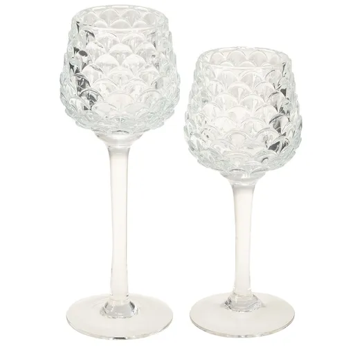 Elegante Glas-Teelichthalter mit Zapfenstruktur, 2 Stück - Klassische Teelichthalter aus hochwertigem Glas, ideal für winterliche Anlässe. Stilvolles Design mit Standfuß, perfekt für stimmungsvolle Beleuchtung in jedem Raum.