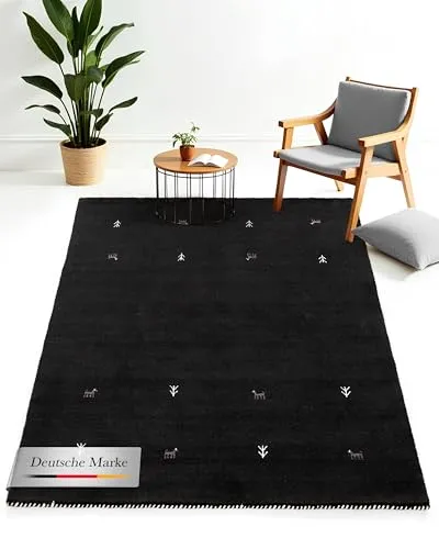 carpetfine Wollteppich Gabbeh Uni Schwarz 80x150 cm | Moderner Teppich für Wohn- und Schlafzimmer