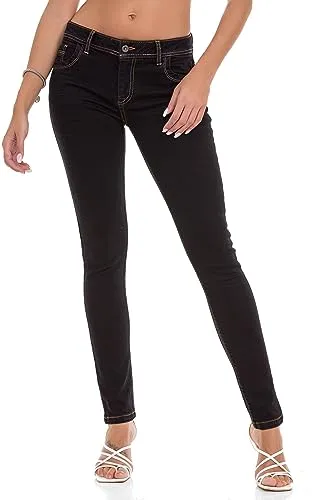 Cipo & Baxx Damen Jeans WD443 Schwarz - Slim Fit Straight Uni Look Jeans Hose - Schlichtes Design, Atemberaubender Look, Angenehmes Gefühl - WD443 Schwarz W28-L32