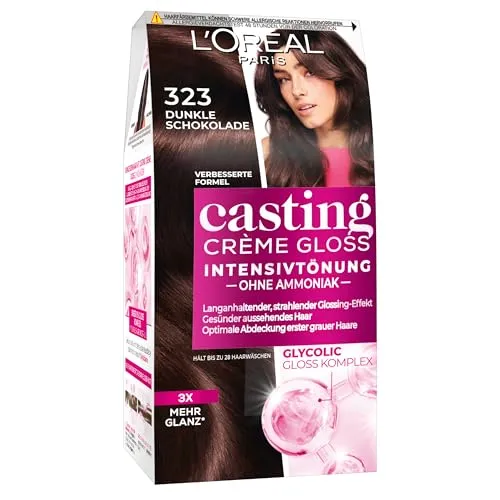 L'Oréal Paris Coloration ohne Ammoniak und ohne Silikone, Pflegende Intensivtönung mit Glanz-Reflex-Balsam, Casting Crème Gloss Haarfarbe, Nr. 323 Dunkle Schokolade (Braun), 1 Stück