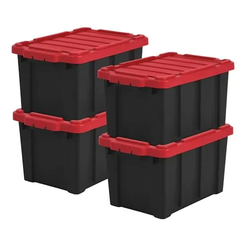 Iris Ohyama Heavy Duty Organisation Boxes, 21L, 4er-Set, Rot, Kompakt, Robust, Stapelbar, Aufbewahrungsbox, Für Garage, Regale, Umzug, Plastik, Utility, Werkzeugkiste, DDSKT-210