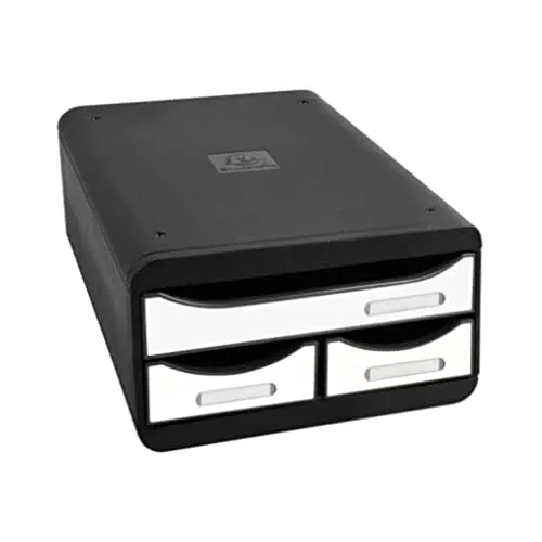 Exacompta 3117213D Ablagebox Glossy - Schreibtischorganisationsbox mit 1 DIN A4+ und 2 schmalen Schubladen aus Recycling-Kunststoff, ideal für mehr Platz und effizientes Dokumentenmanagement.