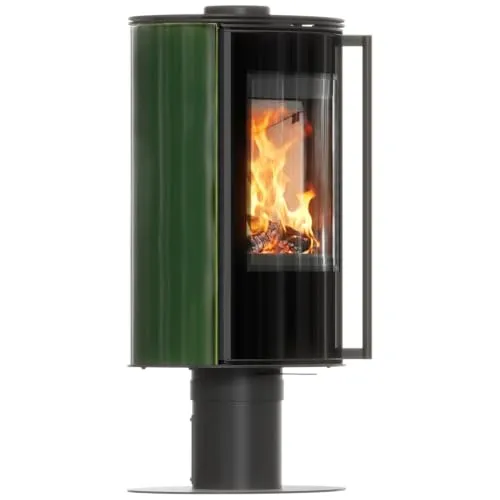 Freistehender Kaminofen mit Sockel ERIK/N/O 5,5 kW Ø 150 grüne Kachel, mit Türfeder