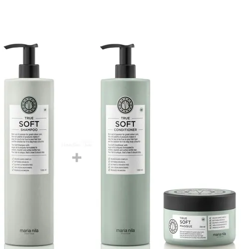 Maria Nila True Soft XXL Set - Shampoo 1000 ml + Conditioner 1000 ml + Maske 25 - Haarpflege-Set für geschmeidiges Haar. Enthält Shampoo, Conditioner und Maske in praktischer Größe für optimale Pflege und Feuchtigkeit.