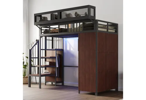 Stilvora Hochbett Schwarz 90x200 cm – Platzsparendes Kinderbett mit Stauraum - Dieses stilvolle Hochbett bietet optimalen Platz für Kinder- und Jugendzimmer. Mit integriertem Kleiderschrank und Aufbewahrungsleiter bleibt der Raum darunter flexibel nutzbar. Stabiler Metallrahmen und sicherer Schlafbereich.