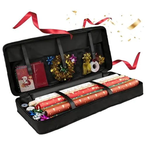 Zuxbolf Geschenkpapier Aufbewahrung mit Fächern & Griffe Aufbewahrungstasche Weihnachtspapier Geschenkpapierrollen Organizer 600D Oxford Geschenkpapier Halter Faltbar für Geschenkbänder(82*13*34cm)