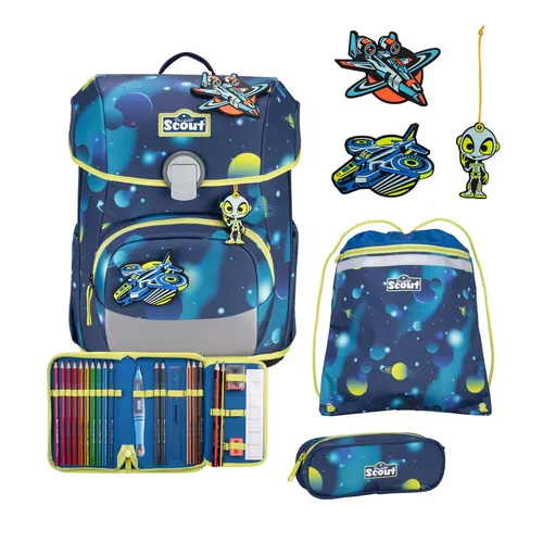 Der echte Scout LED Neo Set 4-teilig Planets - Reflektierender Schulranzen - Schulranzen-Set mit reflektierender Oberfläche und LEDs, inklusive zwei passenden Mäppchen und einem Sportbeutel. Ideal für Sicherheit und Spaß in der Schule!